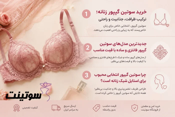 سوتین گیپور زنانه صورتی با طراحی فانتزی و ظریف در کنار متن معرفی خرید سوتین گیپور زنانه | سوتینت