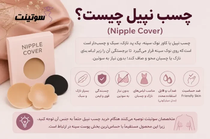 چسب نیپل چیست؟ اینفوگرافیک معرفی چسب نیپل (Nipple Cover) با نمایش انواع کاور نوک سینه، ویژگیها، کاربردها و مزایای استفاده از چسب نیپل برای لباسهای دکلته، پشتباز و لباسهای نازک.